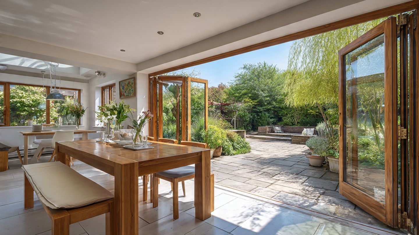 Dining area with wooden table and bench, opening onto a sunlit stone patio and green garden through folding doors.