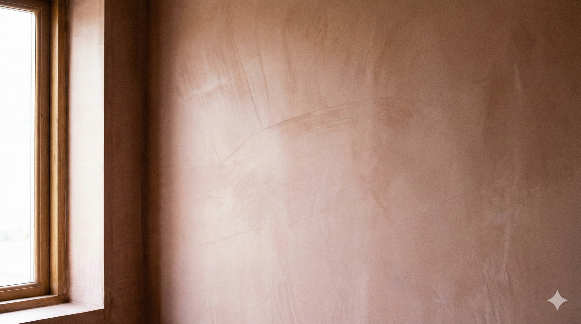 Tan plaster wall next to a wooden window frame, with soft natural light.