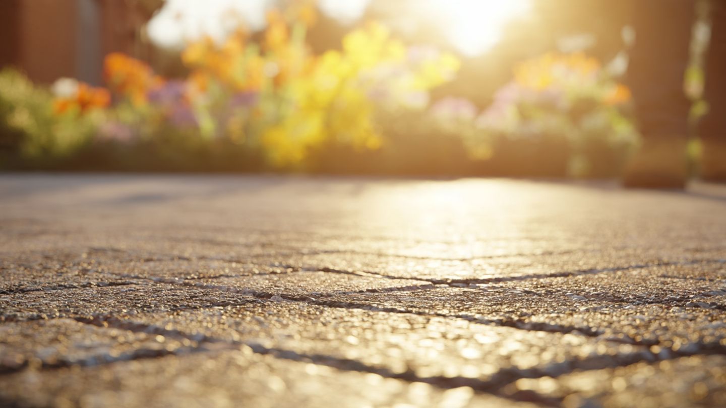 Sunlit stone pavement with a blurred autumn garden in the background