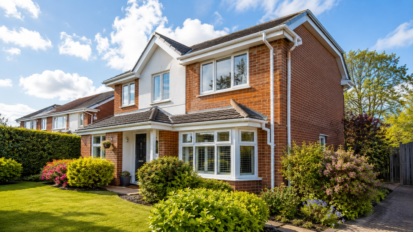 Two-story red-brick suburban house with white trim, a front garden, and a bright blue sky
