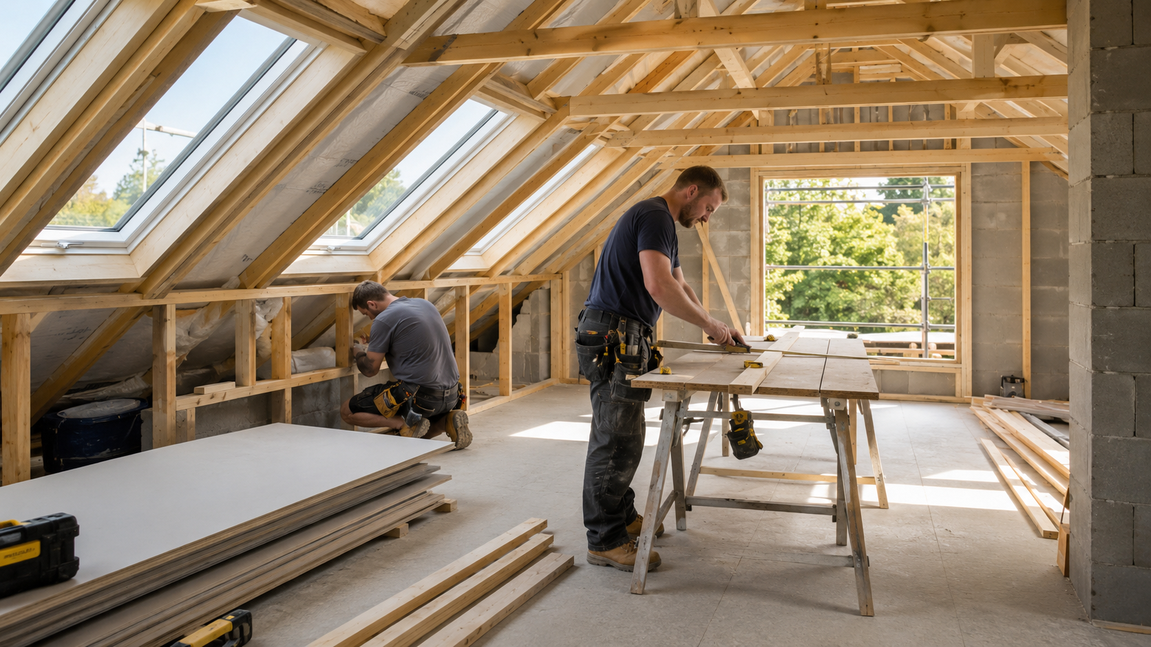Two workers framing an attic room with exposed wooden beams and sunlight through windows