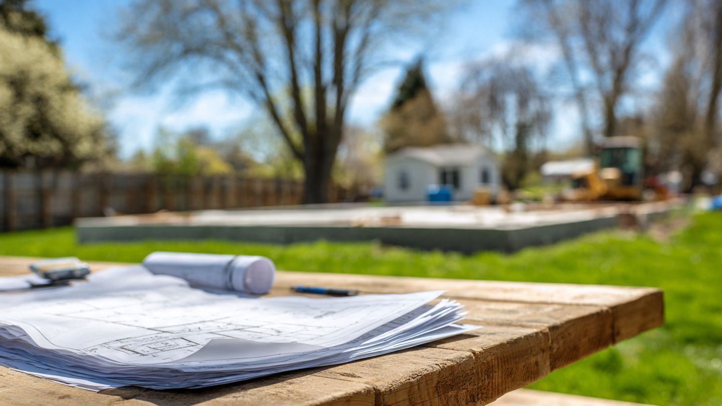 Blueprints lie on a wooden table outdoors, overlooking a construction site with a concrete foundation and heavy equipment.
