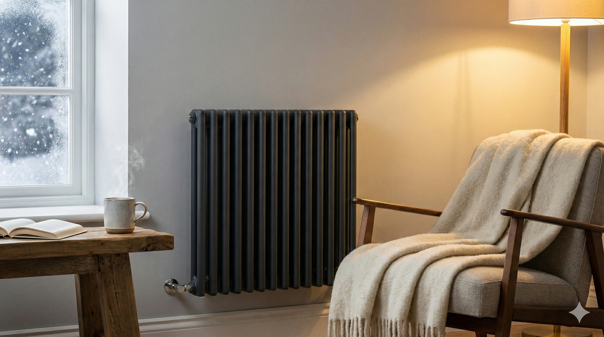 Dark gray radiator on a gray wall next to a window with snow outside and a cozy armchair.