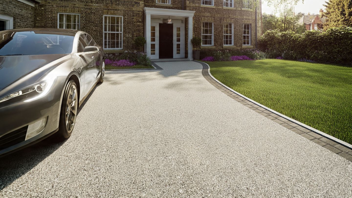 Silver car parked in a gravel driveway beside a stone house with a front entrance and green lawn