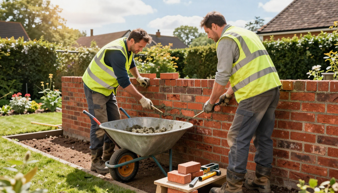 Two workers in yellow vests building a brick wall in a garden, with a wheelbarrow and tools nearby.