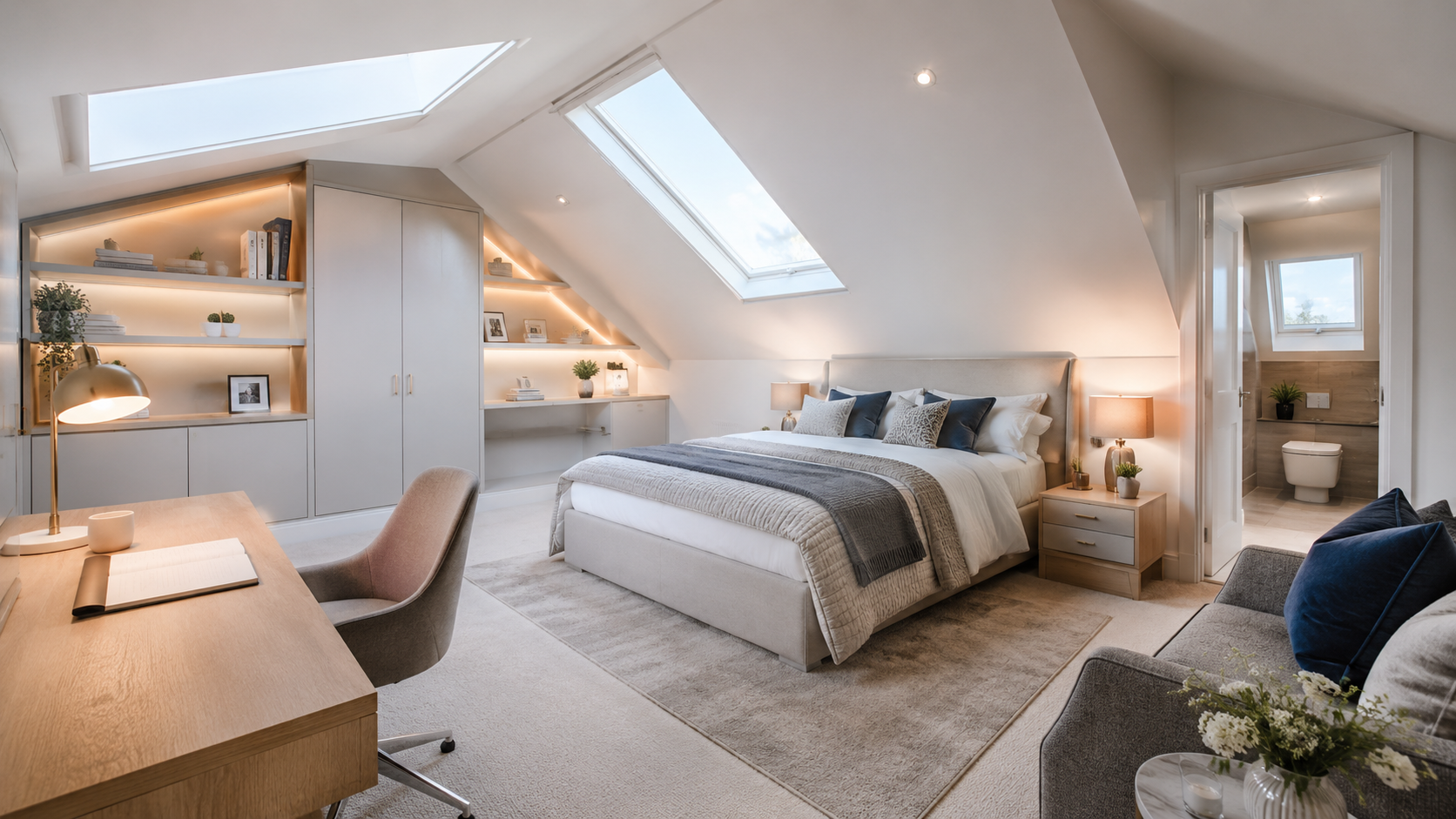 Bright attic bedroom with skylights, a large bed, desk, shelves, and soft neutral decor