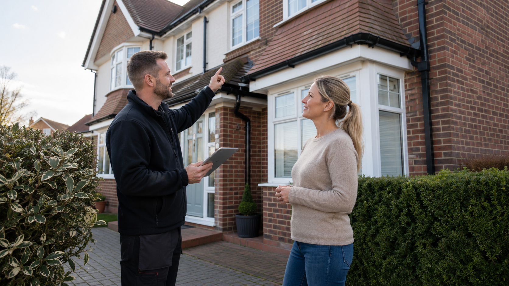 Two people standing outside a brick house, discussing the property and pointing at the exterior.