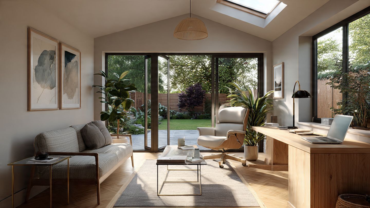 Man mixing material in a bucket, using a handheld mixer, with a space heater running indoors, by a snowy window.