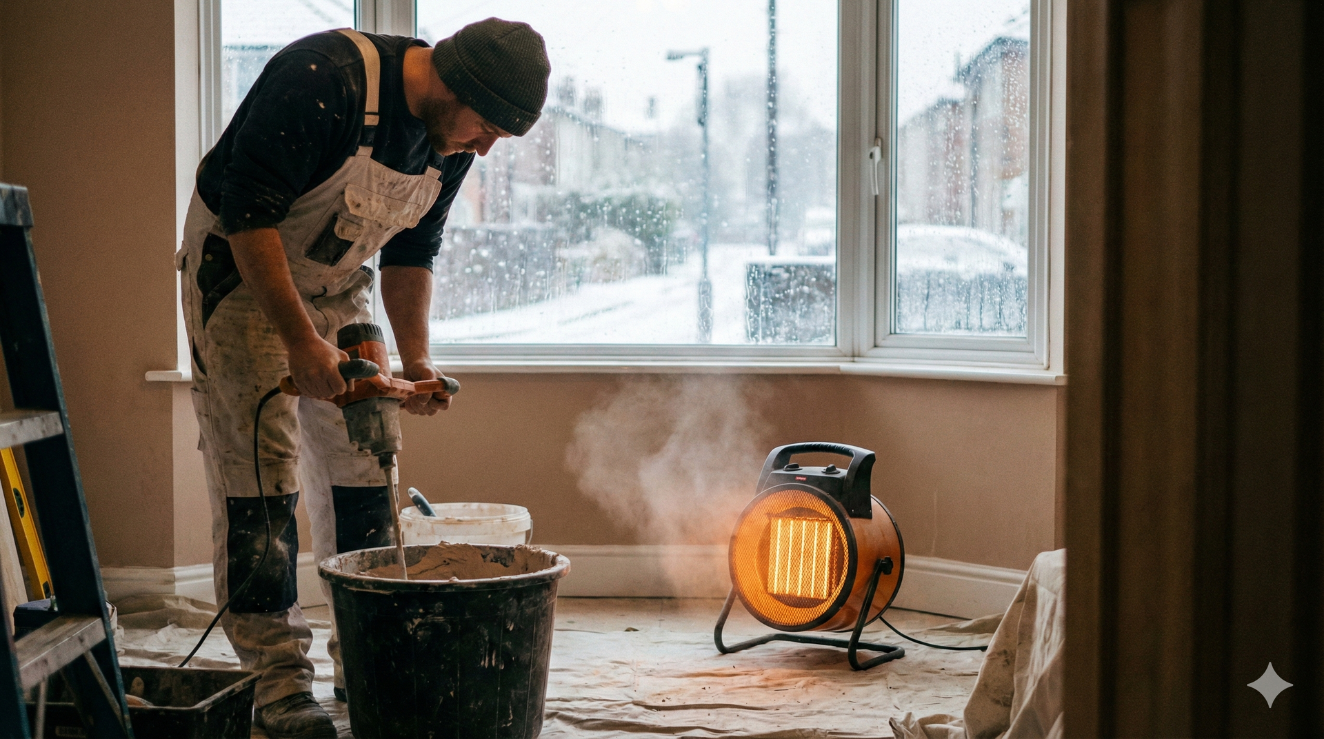 Man mixing material in a bucket, using a handheld mixer, with a space heater running indoors, by a snowy window.