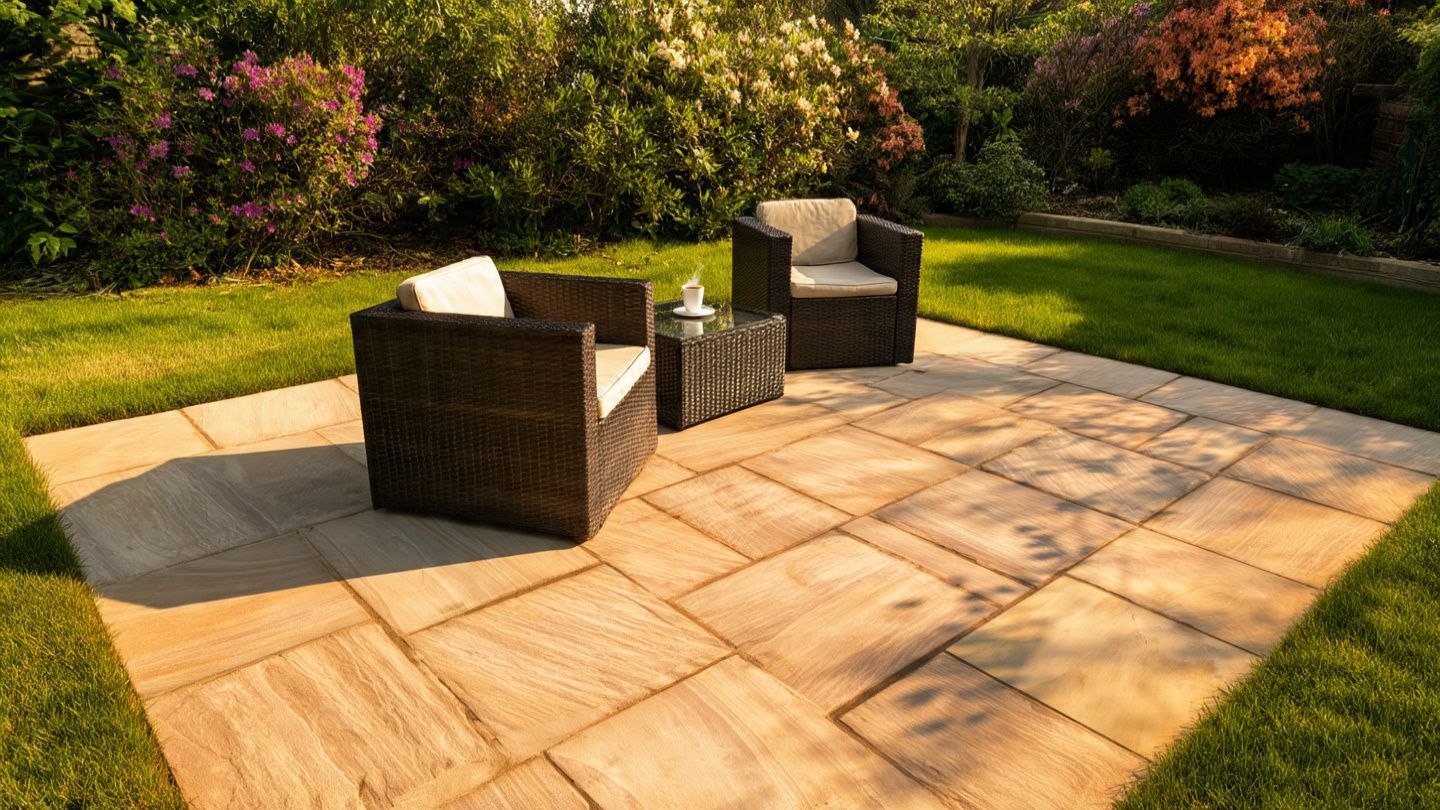 Patio with wicker chairs and small table on stone pavers in a landscaped garden