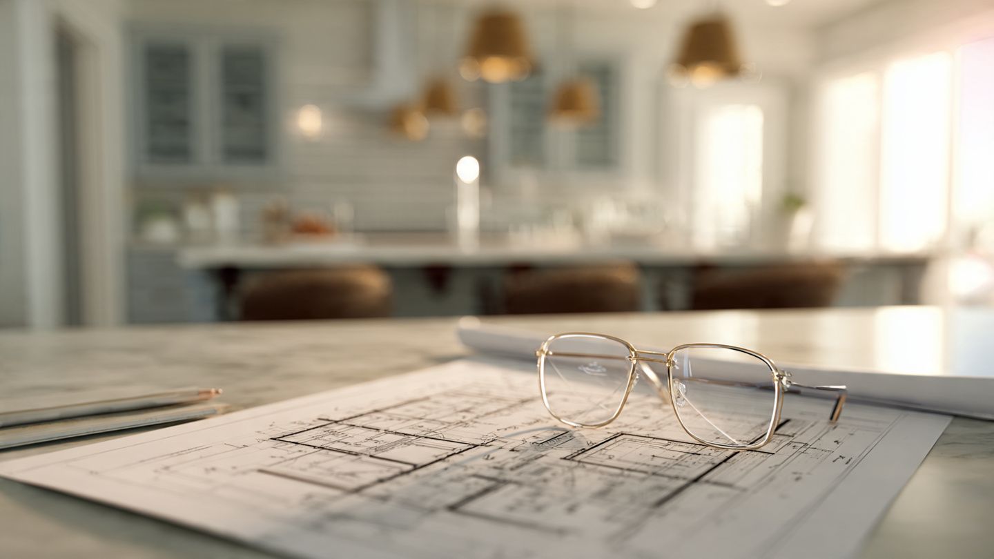 Eyeglasses rest on a blueprint on a counter in a blurred, sunlit kitchen.