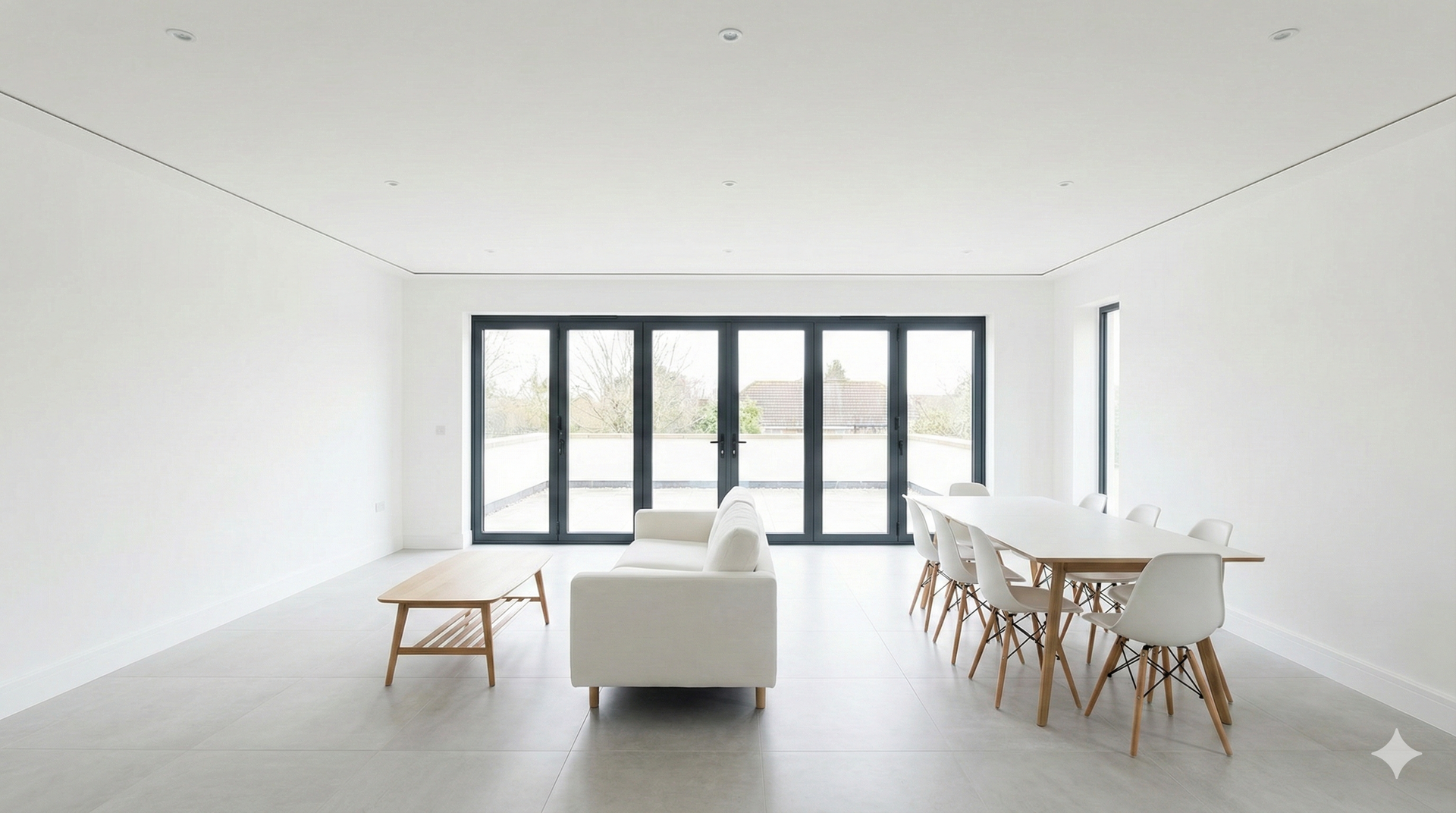 Modern white living room with folding glass doors, sofa, table, and chairs.