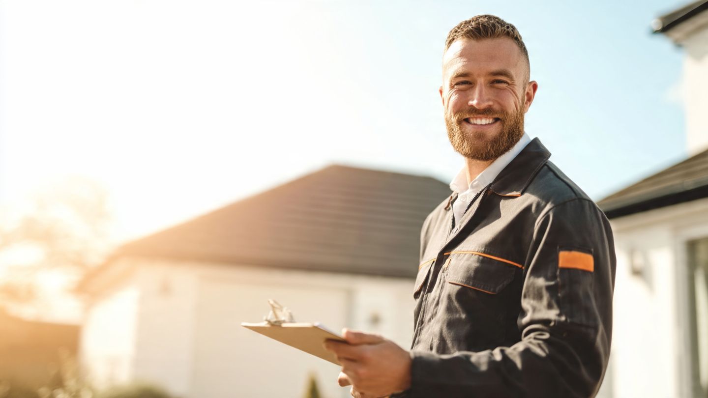 Smiling worker in a dark jacket holding a clipboard outdoors in front of a house