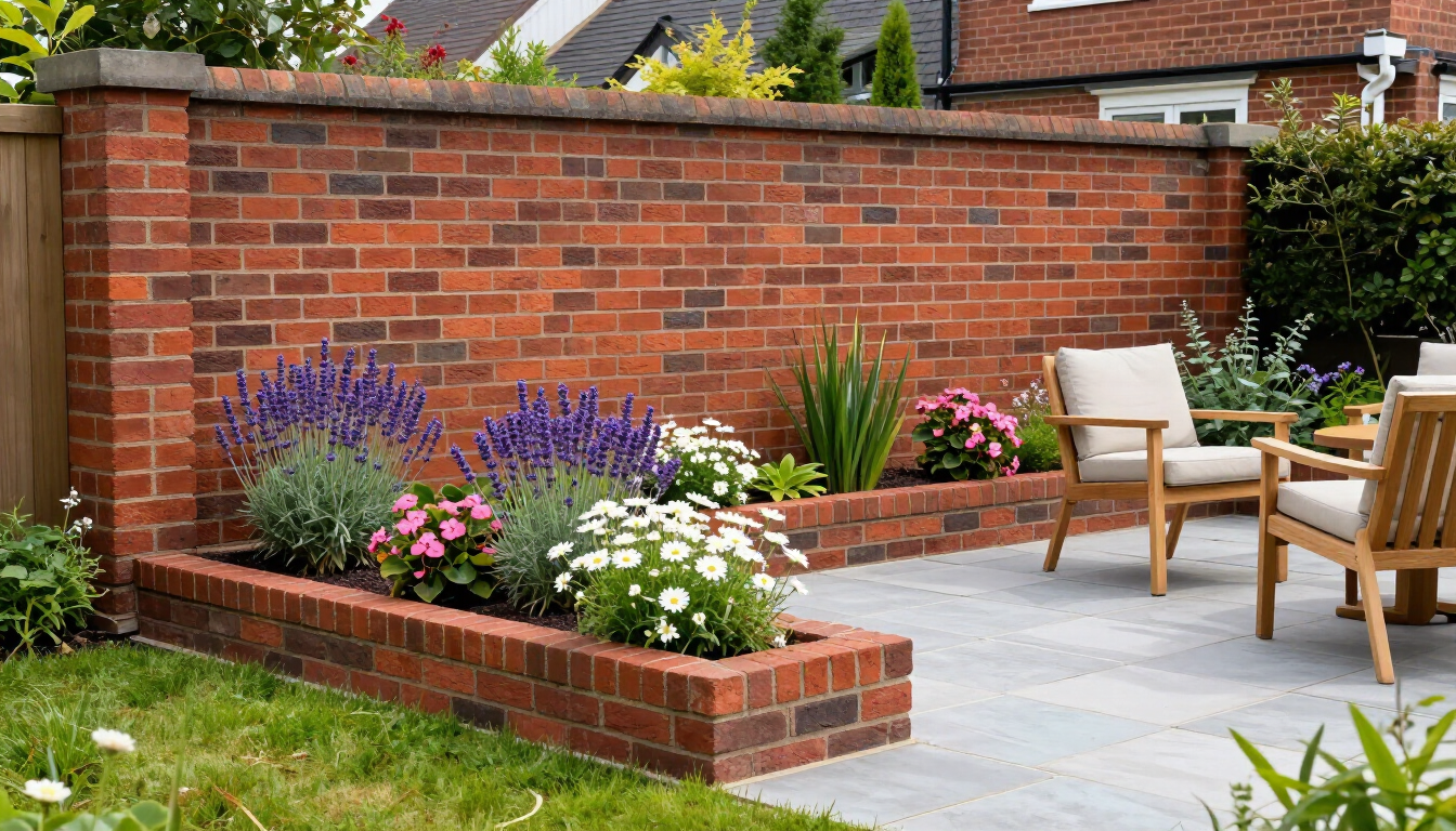 Brick-walled patio garden with raised flower bed, purple and white flowers, and outdoor chairs