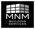 A black and white logo for mnm building services.