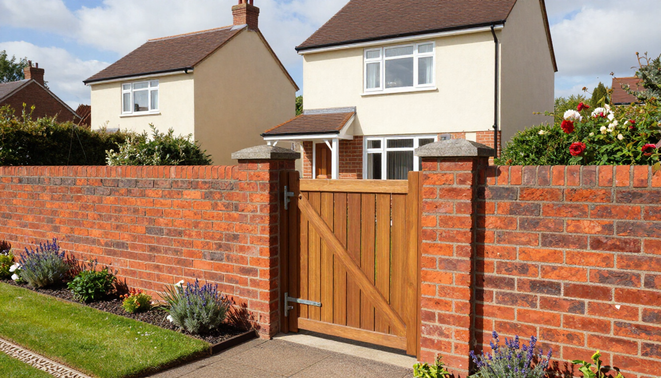Brick front wall and wooden gate in front of a suburban house with a garden.