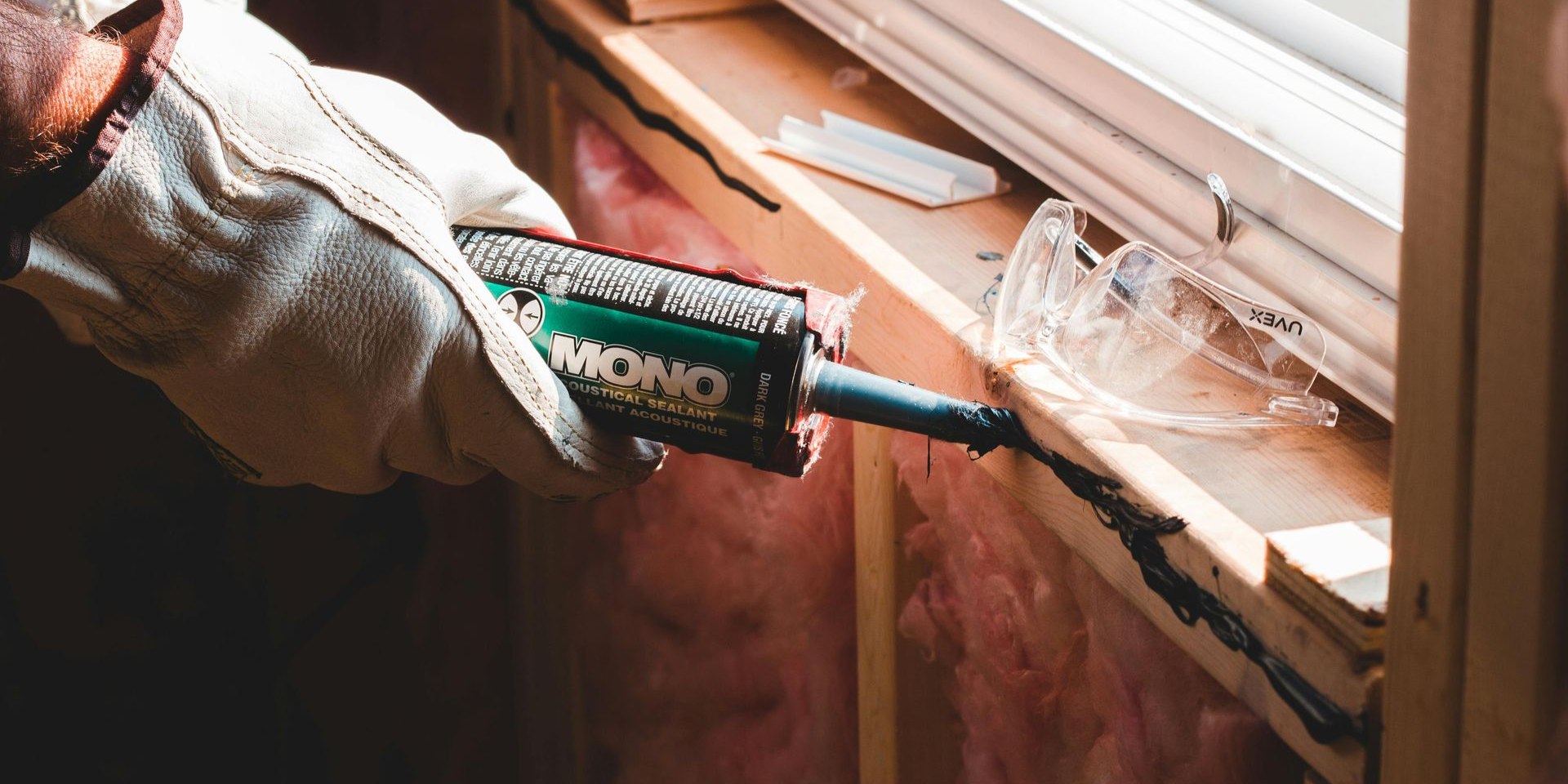 A gloved hand applies sealant around a window frame in a room under construction.