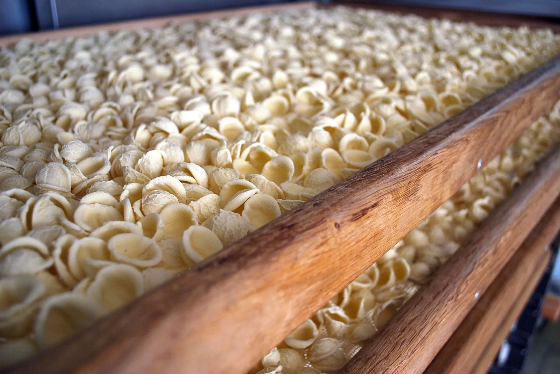 Primo piano delle orecchiette fresche ad asciugare su graticci di legno.