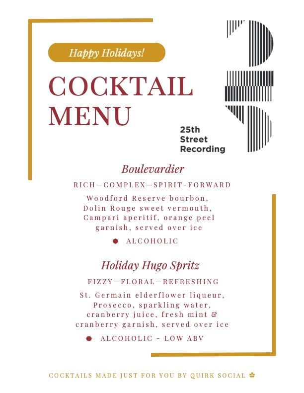 Holiday party cocktail menu