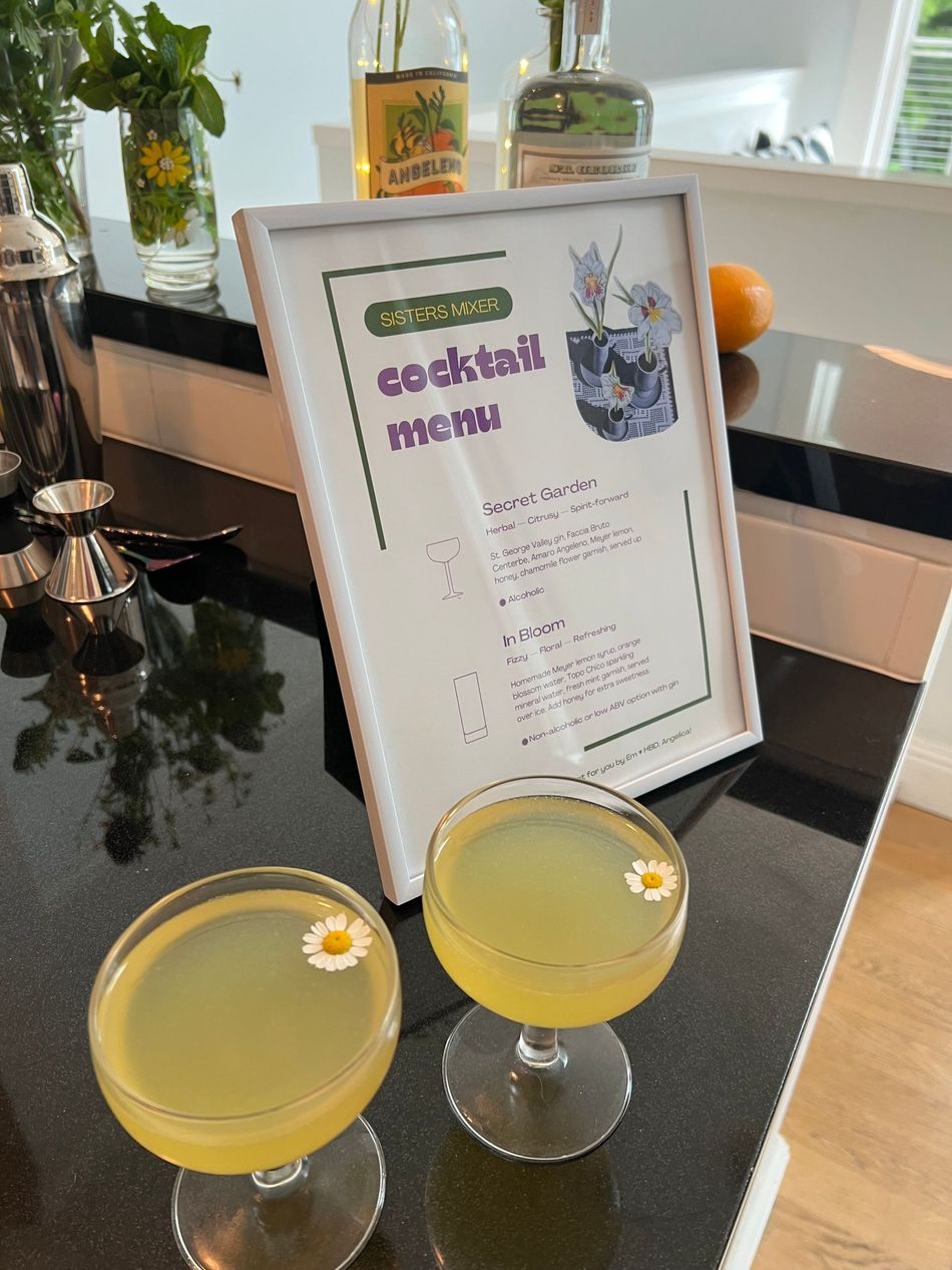 Secret Garden custom cocktail with gin, herbal liquer, amaro, Meyer lemon juice, and honey