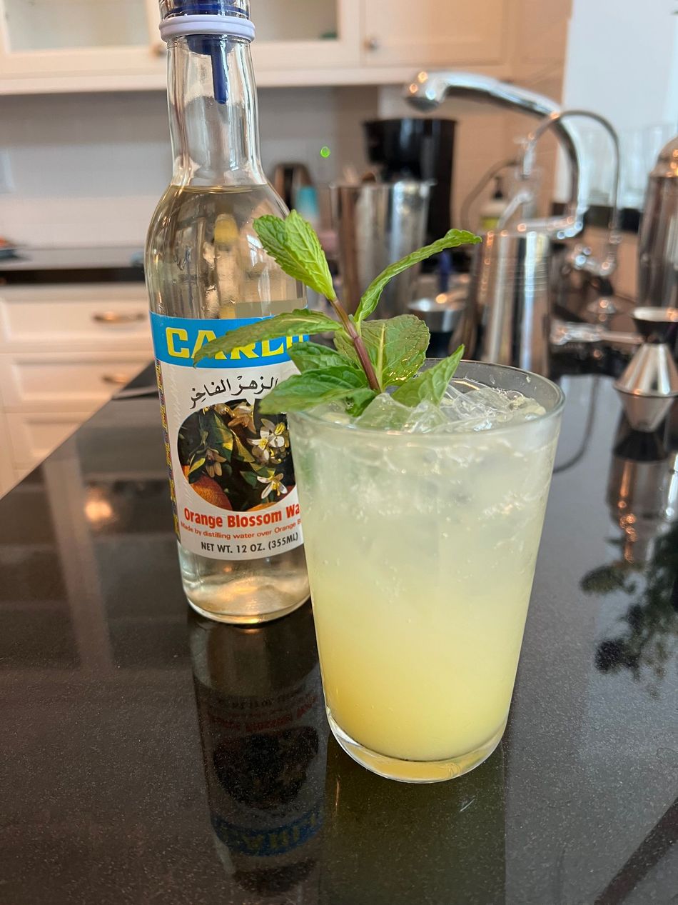 In Bloom custom nonalcoholic cocktail/mocktail with homemade Meyer lemon syrup, orange blossom water