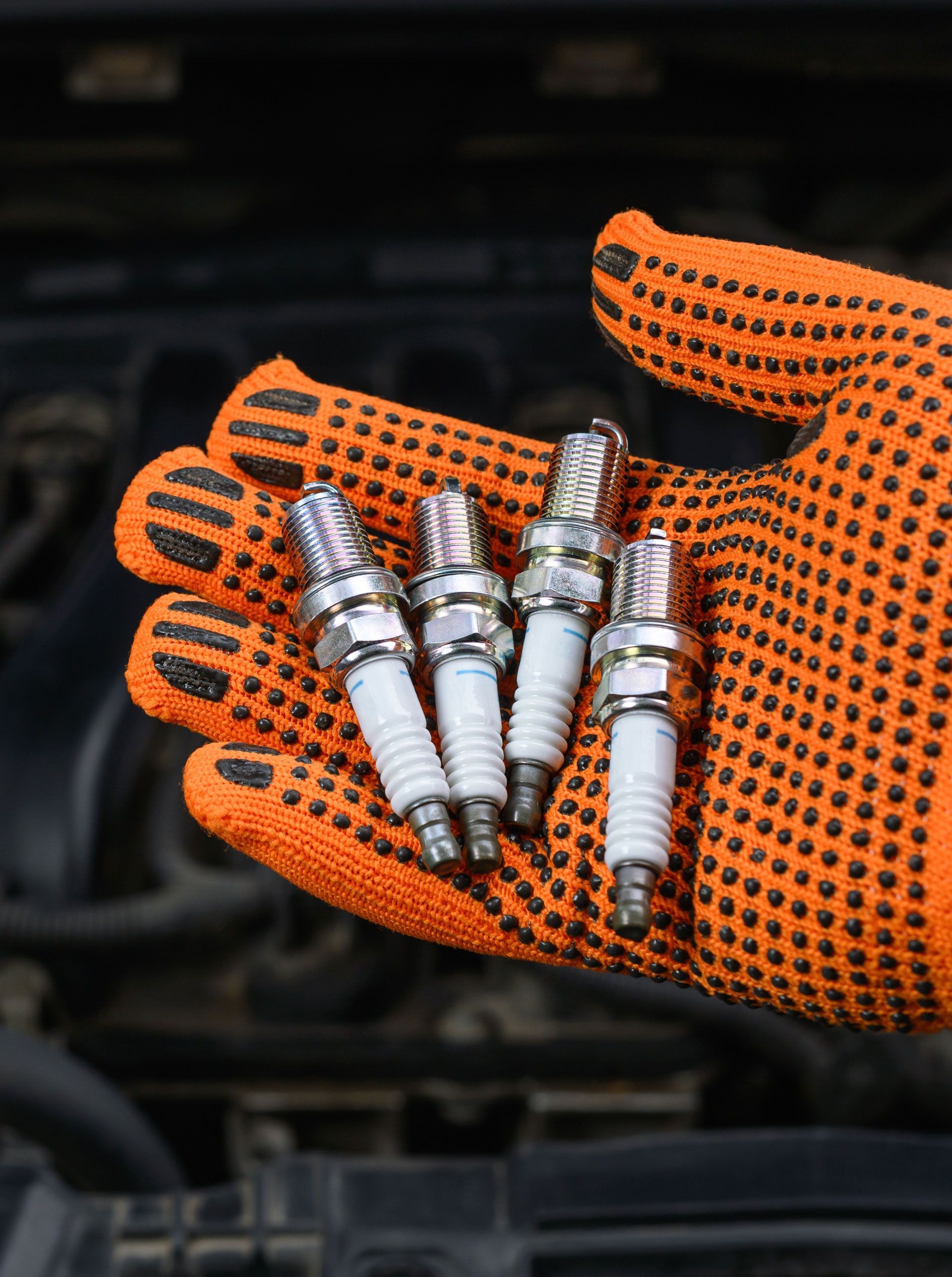 Gloved hand holding four spark plugs in front of a car engine.