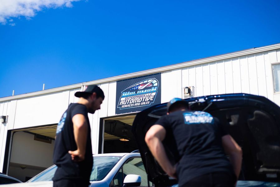 Two men are looking under the hood of a car.