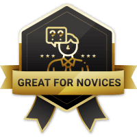 A badge that says `` great for novices '' with a man talking in a speech bubble.