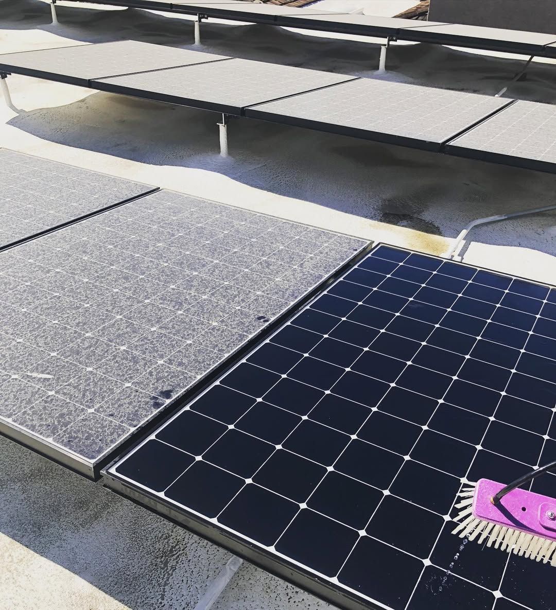 A solar panel is being cleaned with a pink brush