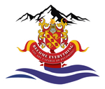 A heraldic crest featuring a shield, mountains, and a banner reading "Become everything you are capable of becoming."
