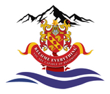 A heraldic crest featuring a shield, mountains, and a banner reading "Become everything you are capable of becoming."