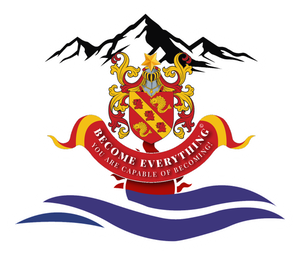 A heraldic crest featuring a shield, mountains, and a banner reading "Become everything you are capable of becoming."