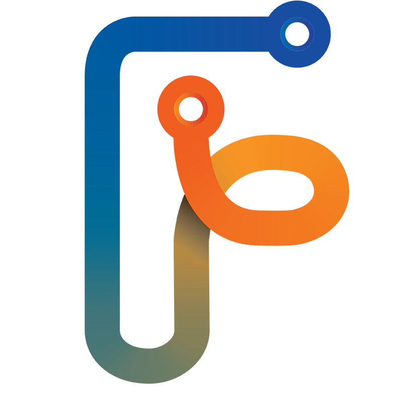 Find a Ride Logo in the shape of an F with Orange and Blue pathway pattern