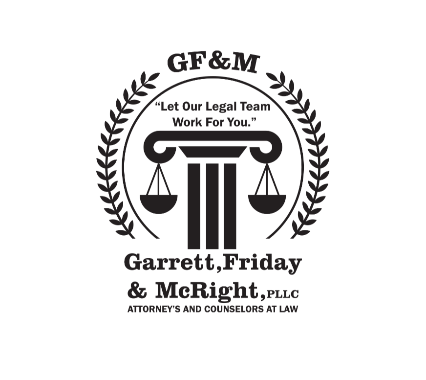 A black and white logo for garrett friday and mcright.