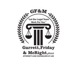 A black and white logo for garrett friday and mcright.