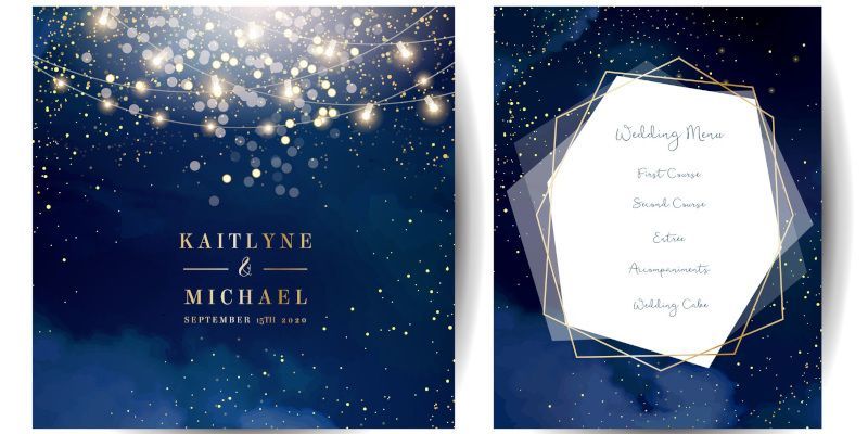 The front and back of a wedding invitation with a starry sky in the background.