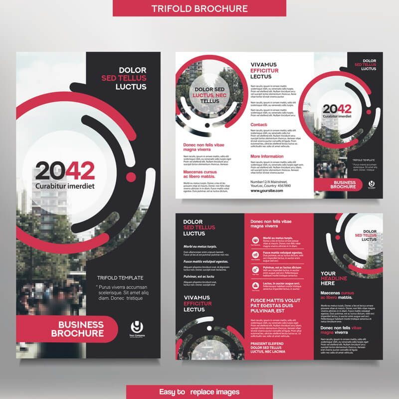 A trifold brochure with a red and black design