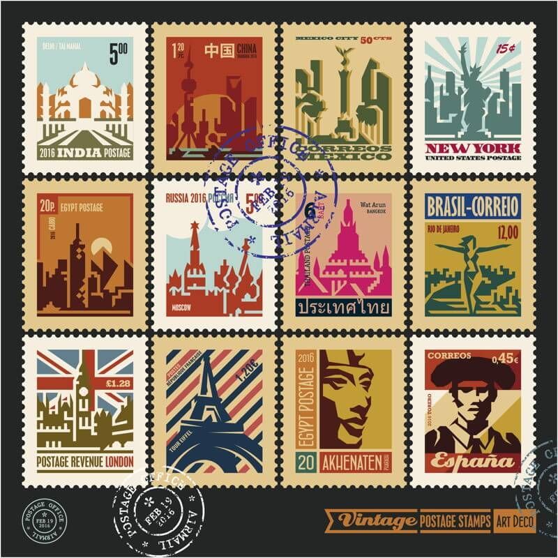 A collection of postage stamps from different countries