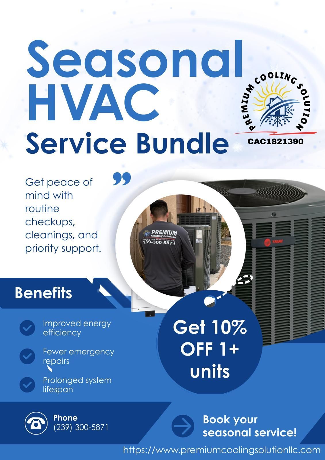 HVAC service bundle advertisement with a technician, benefits listed, and a discount offer.
