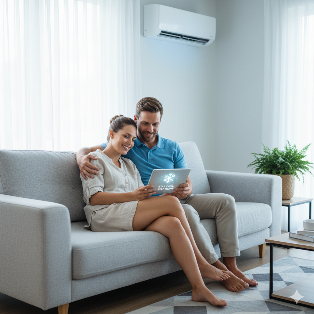 Couple on sofa using tablet to control a wall-mounted air conditioner; interior setting, warm tones.