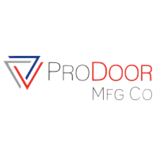 Logo for ProDoor Mfg Co featuring a triangular icon in blue, grey, and red, with the company name in text next to it.