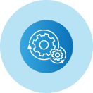 A blue circle with two gears and arrows in it.