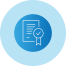 An icon of a certificate with a check mark on it in a blue circle.