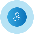 A doctor with a stethoscope around his neck is in a blue circle.