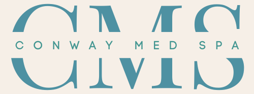 Logo for Conway Med Spa featuring the letters CMS in teal, serif font against a light cream background.