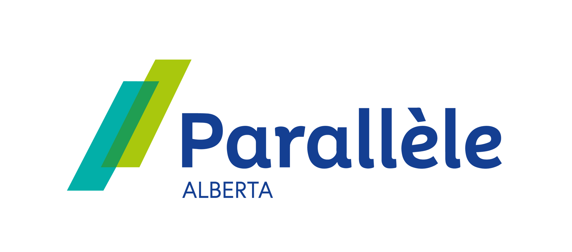 Logo for Parallèle Alberta featuring two overlapping slanted rectangles in turquoise and lime green next to blue text.