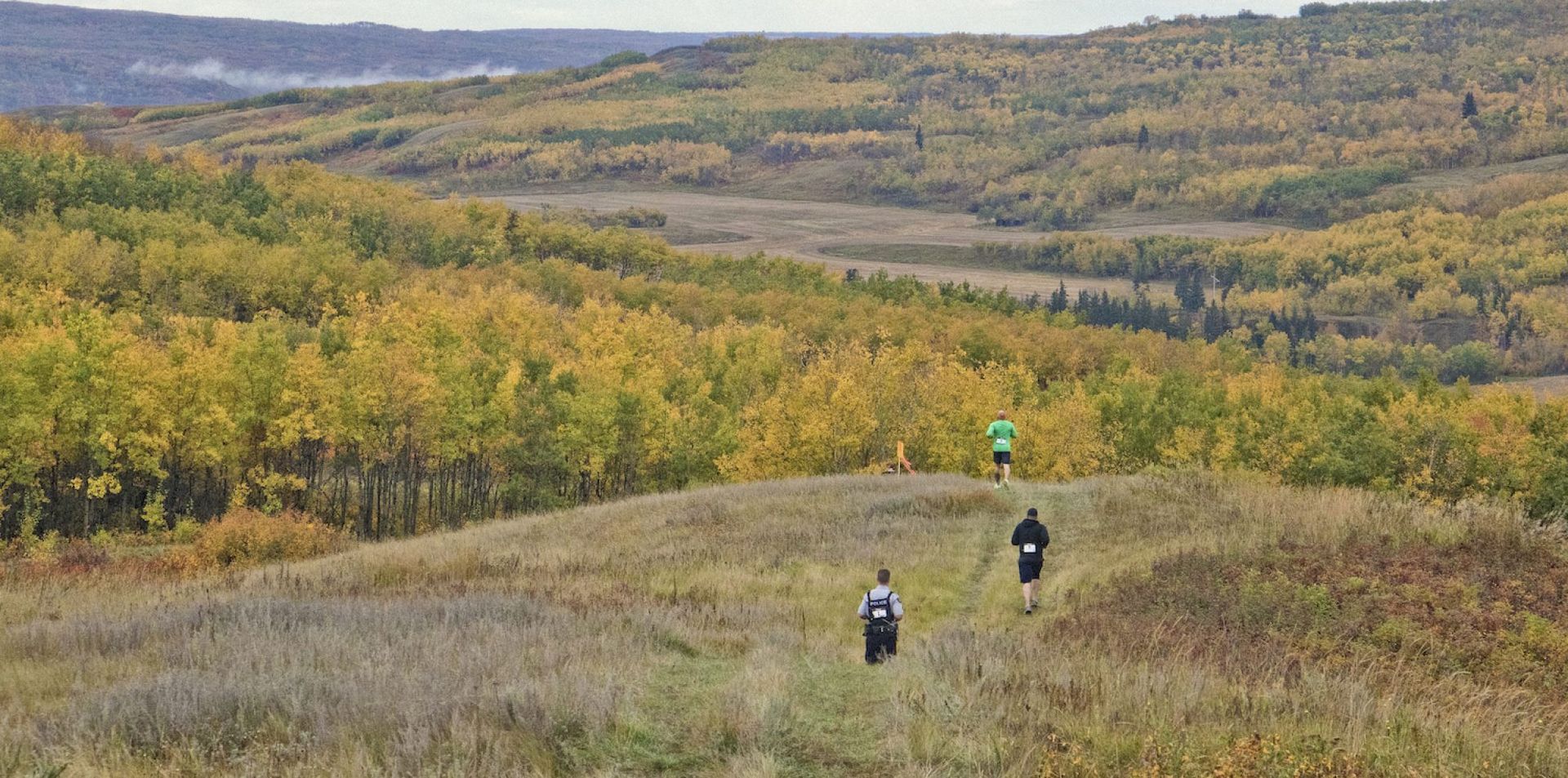 Three people hike along a grassy trail through a landscape of golden autumn trees and rolling hills.