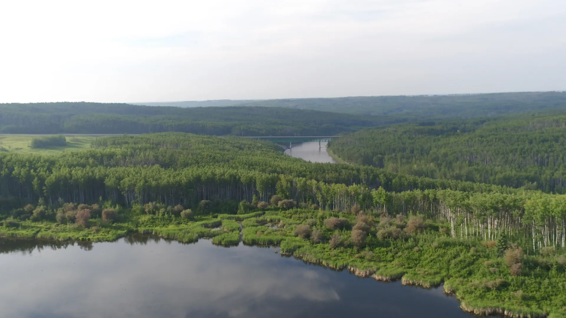 A wide aerial view of a dark lake in the foreground leading to a winding river amidst a vast, green forest landscape.