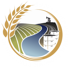 A circular logo showing a golden wheat stalk over a field, a blue river, industrial oil equipment, and storage tanks.