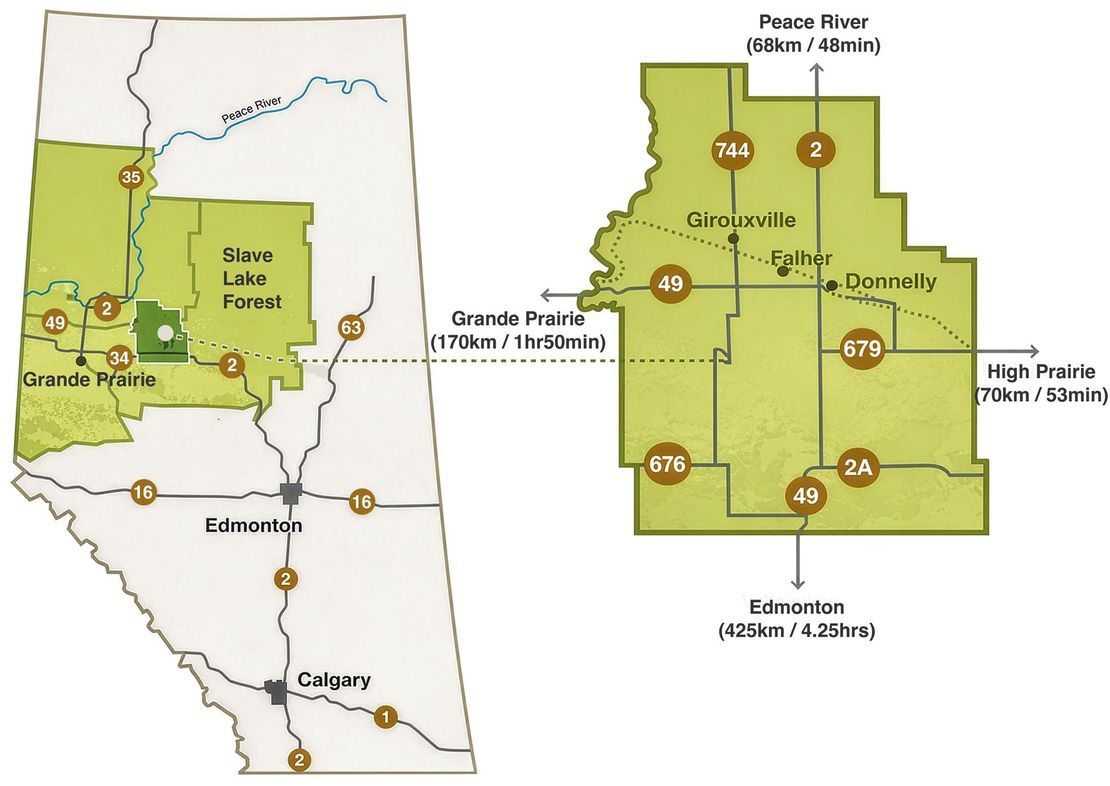 Map of Alberta highlighting the Slave Lake Forest region, with an inset showing local roads and driving distances.